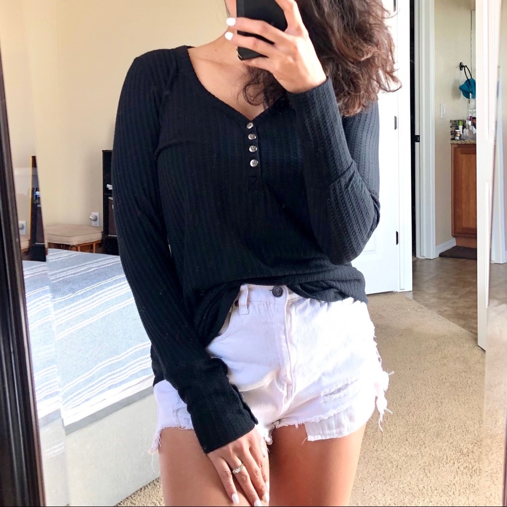 Chaser Black Ribbed Waffle Knit Henley Thermal Top